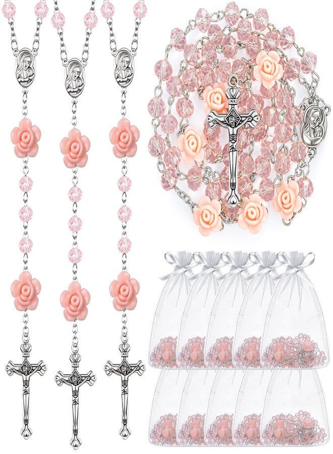 ROCEEI 12 Pcs Catholic Rosary Beads Necklace for Women Crystal Beads Flowers Necklace Rosaries Prayer Gifts with Organza Bags for First Communion Confirmation Christmas Baptism Favors (Pink) - Image 1